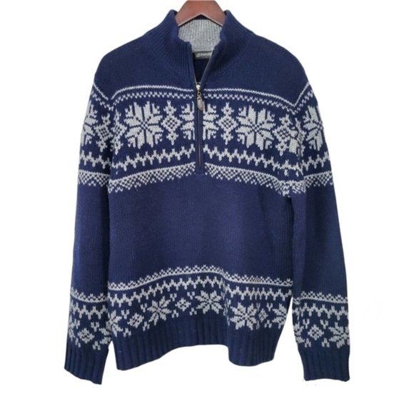 ST.JOHN’S Bay Wool Fair Isle Sweater Medium Navy Snowflake Half Zip Pullover - Picture 1 of 10